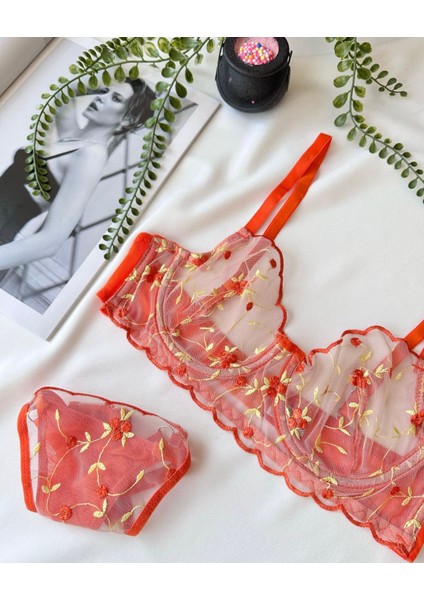 Kadın Turuncu Nakış Işlemeli Transparan Iç Çamaşır Takımı fiyatları
