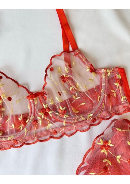 Kadın Turuncu Nakış Işlemeli Transparan Iç Çamaşır Takımı modelleri