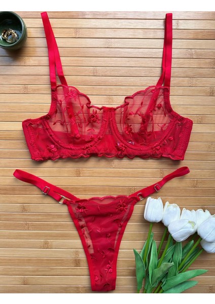 Kadın Kırmızı Nakış Işlemeli Transparan Iç Çamaşır Takımı fiyatları