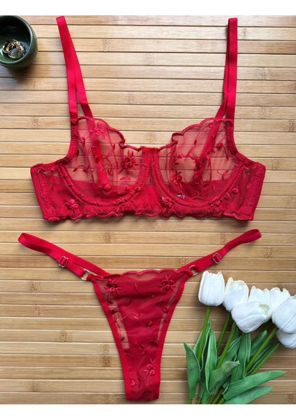 Kadın Kırmızı Nakış Işlemeli Transparan Iç Çamaşır Takımı modelleri