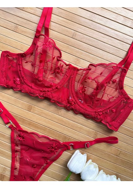 Kadın Kırmızı Nakış Işlemeli Transparan Iç Çamaşır Takımı fırsatları