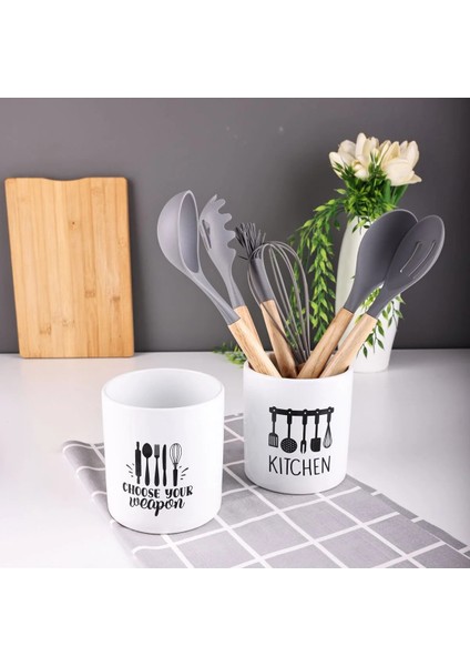 Beyaz Porselen Loza Kaşıklık Mutfak Üstü Organizer