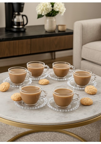 6 Kişilik 12 Parça Cam Boncuk Kahve Fincan Takımı Seti Boncuklu
