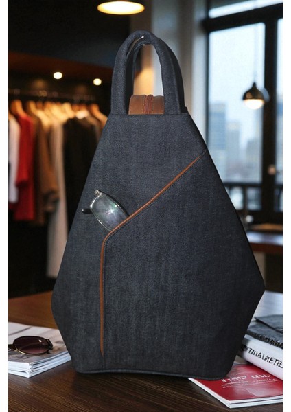 Denim (Kot) Kumaş Kadın Sırt Omuz Çantası Vazo Model Lacivert Ana Renk Taba Deri detaylı ÇNTKOTVAZOLCVRT-TABA003 fiyatları