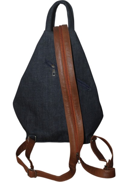 Denim (Kot) Kumaş Kadın Sırt Omuz Çantası Vazo Model Lacivert Ana Renk Taba Deri detaylı ÇNTKOTVAZOLCVRT-TABA003 modelleri