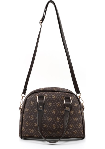 Monogram Baskılı Kahverengi SHK205 Suni Deri Fermuarlı Tek Bölmeli Ayarlanabilir Askılı El,kol ve Omuz Çantası