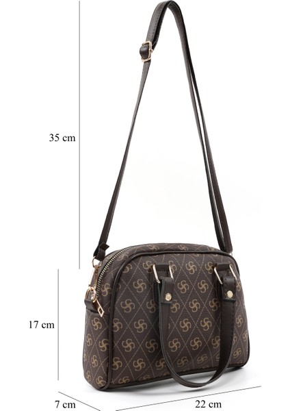 Monogram Baskılı Kahverengi SHK205 Suni Deri Fermuarlı Tek Bölmeli Ayarlanabilir Askılı El,kol ve Omuz Çantası fiyatları