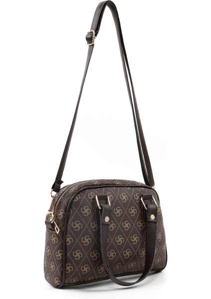 Monogram Baskılı Kahverengi SHK205 Suni Deri Fermuarlı Tek Bölmeli Ayarlanabilir Askılı El,kol ve Omuz Çantası modelleri