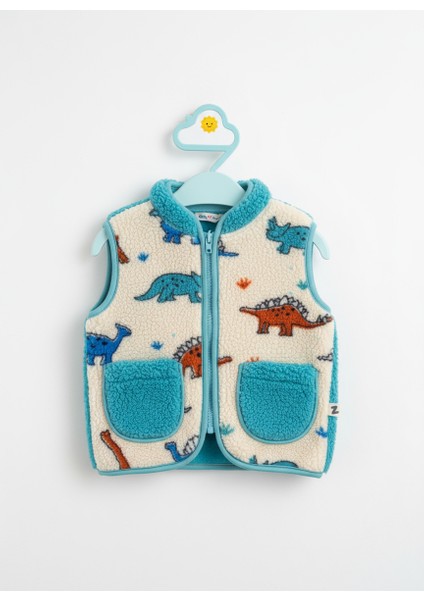 Erkek Çocuk Krem Peluş Dinozor Desenli Fermuarlı Yelek – Cepli