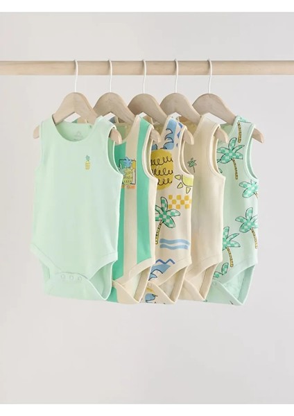 %100 Pamuklu Yeşil Çizgili Ananas Desenli 5'li Body Zıbın Set