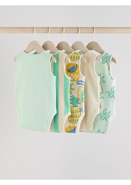 %100 Pamuklu Yeşil Çizgili Ananas Desenli 5'li Body Zıbın Set fiyatları