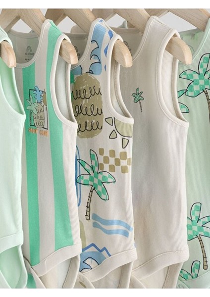 %100 Pamuklu Yeşil Çizgili Ananas Desenli 5'li Body Zıbın Set modelleri