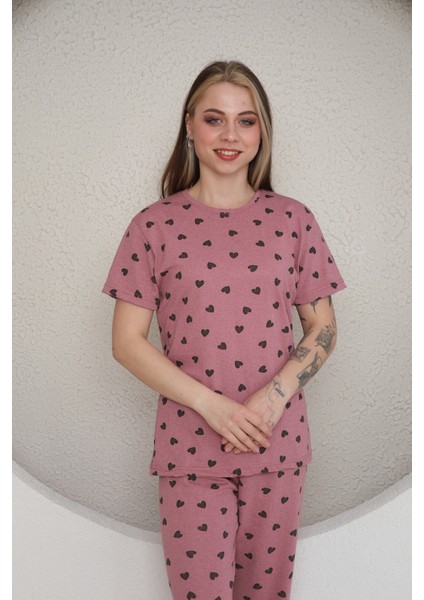 Kadın Kısa Kollu Pembe Pijama Takımı Kalpli