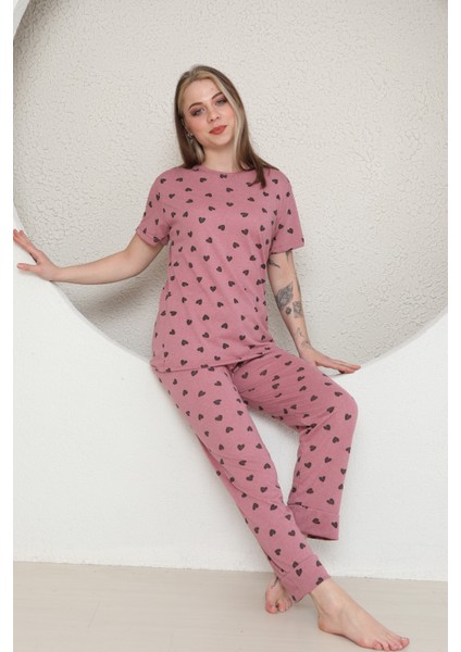 Kadın Kısa Kollu Pembe Pijama Takımı Kalpli indirimleri
