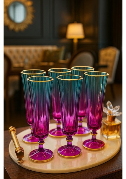 6 Lı Renkli Yaldızlı Cam Kahve Yanı Su Bardağı Flüt Bardak 150ML