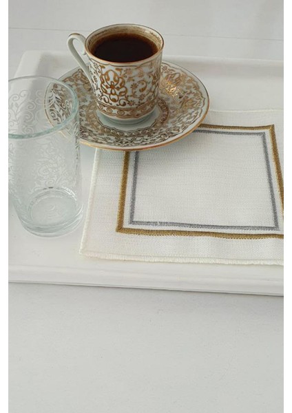 Çerçeve Nakışlı Keten Kare Bardak Altlığı Seti 6 Lı