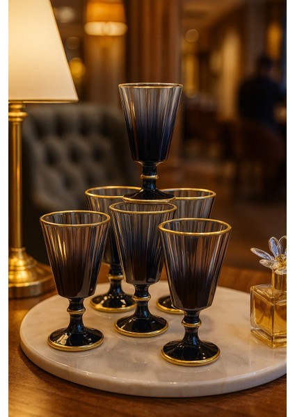 6 Lı Flüt Renkli Yaldızlı Kahve Yanı Su Bardağı Kadeh Kupa Bardak