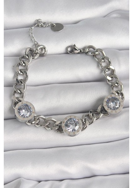 316L Çelik Gümüş Renk Zincir Model Zirkon Taşlı Işleme Detaylı Kadın Bileklik - PRT3500EB03673