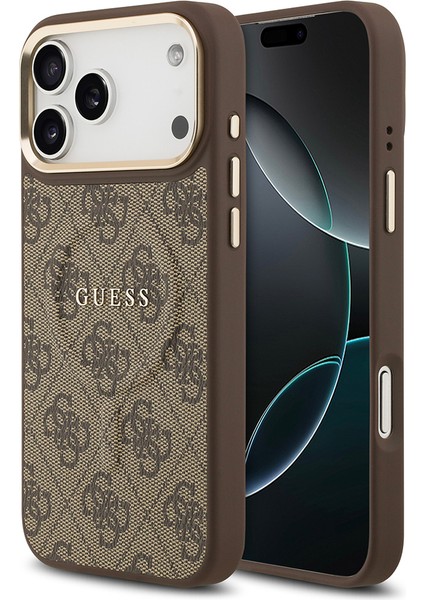 iPhone 17 Pro Max Kılıf Guess M-Safe Şarjlı Gold Kamera Çerçeveli Pu Deri Yazı Logolu Kahverengi