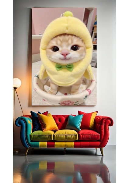 Muz Kostümlü Kedi Ev Duvar Salon Güzellik Salonu Ofis Dükkan Dekarasyon Kanvas Tablo