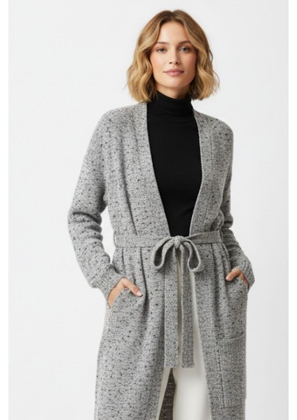 Gri Kadın Kuşaklı Uzun Hırka 6800