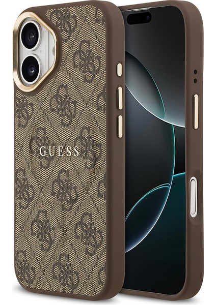iPhone 17 Kılıf Guess Lisanslı M-Safe Şarjlı Gold Kamera Çerçeveli Pu Deri Yazı Logolu Kahverengi