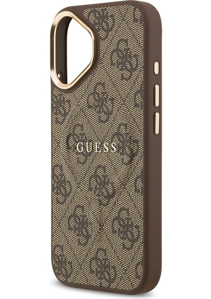 iPhone 17 Kılıf Guess Lisanslı M-Safe Şarjlı Gold Kamera Çerçeveli Pu Deri Yazı Logolu Kahverengi