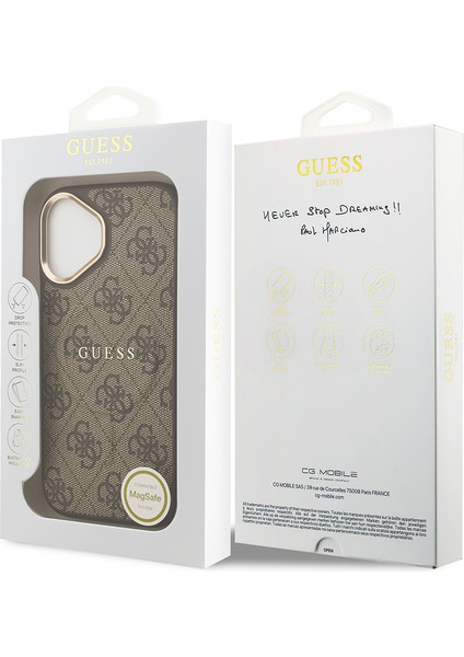 iPhone 17 Kılıf Guess Lisanslı M-Safe Şarjlı Gold Kamera Çerçeveli Pu Deri Yazı Logolu Kahverengi