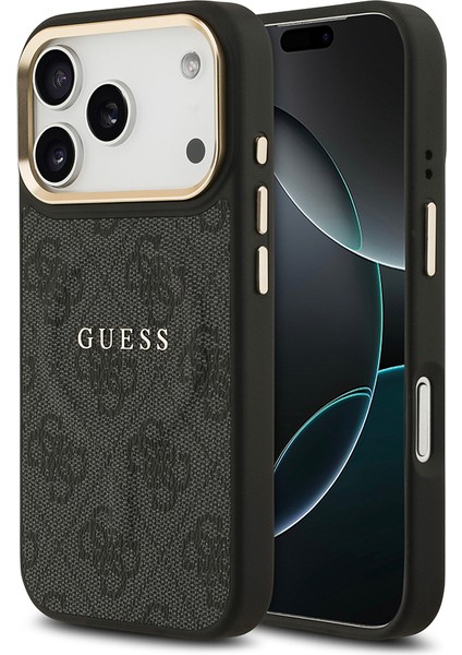 iPhone 17 Pro Kılıf Guess Lisanslı M-Safe Şarjlı Gold Kamera Çerçeveli Pu Deri Yazı Logolu Siyah