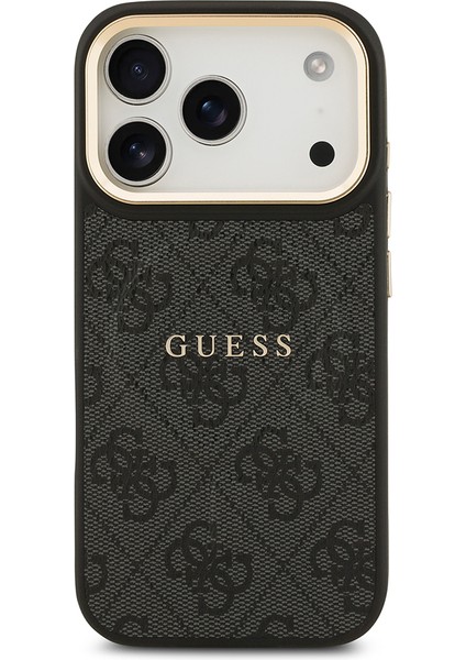 iPhone 17 Pro Kılıf Guess Lisanslı M-Safe Şarjlı Gold Kamera Çerçeveli Pu Deri Yazı Logolu Siyah modelleri