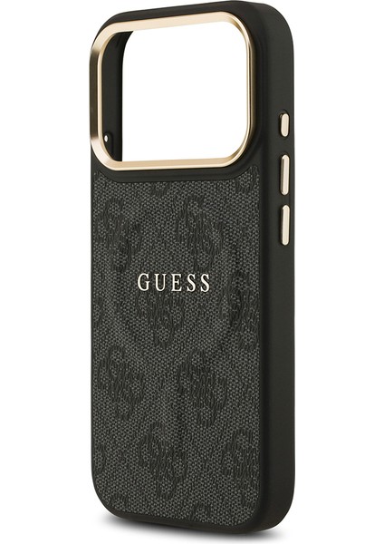 iPhone 17 Pro Kılıf Guess Lisanslı M-Safe Şarjlı Gold Kamera Çerçeveli Pu Deri Yazı Logolu Siyah
