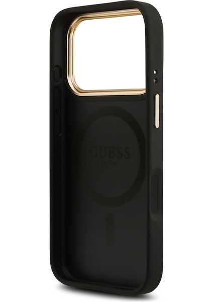 iPhone 17 Pro Kılıf Guess Lisanslı M-Safe Şarjlı Gold Kamera Çerçeveli Pu Deri Yazı Logolu Siyah