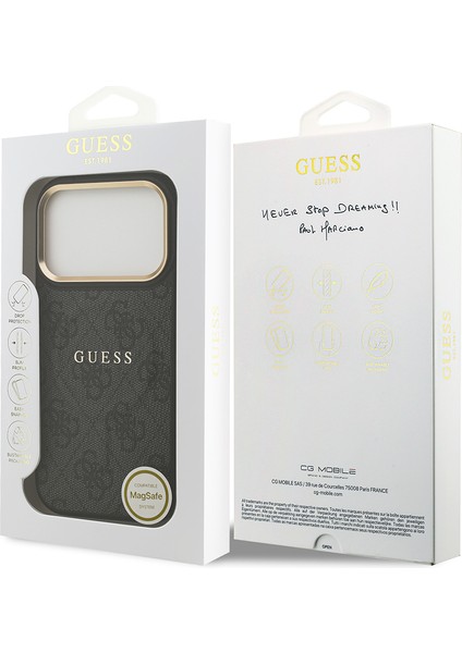 iPhone 17 Pro Kılıf Guess Lisanslı M-Safe Şarjlı Gold Kamera Çerçeveli Pu Deri Yazı Logolu Siyah