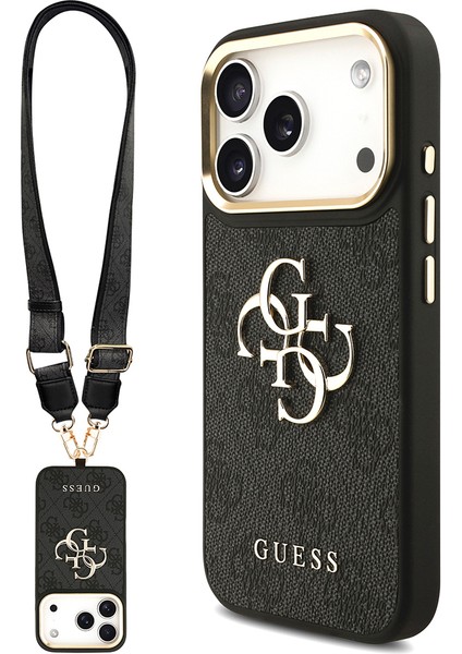 iPhone 17 Pro Uyumlu Kılıf Guess Orjinal Lisanslı 4g Büyük Metal Logolu Kalın Askılı Kapak Siyah