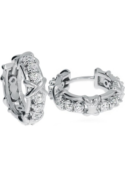 Kadın Tasarım Taşlı Halka Gümüş Küpe