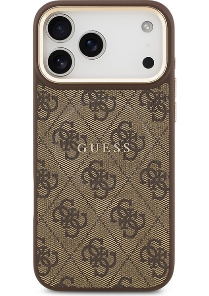 iPhone 17 Pro Max Kılıf Guess M-Safe Şarjlı Gold Kamera Çerçeveli Pu Deri Yazı Logolu Kahverengi modelleri
