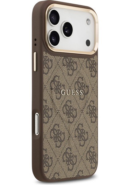 iPhone 17 Pro Max Kılıf Guess M-Safe Şarjlı Gold Kamera Çerçeveli Pu Deri Yazı Logolu Kahverengi fırsatları