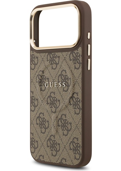 iPhone 17 Pro Max Kılıf Guess M-Safe Şarjlı Gold Kamera Çerçeveli Pu Deri Yazı Logolu Kahverengi