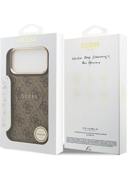 iPhone 17 Pro Max Kılıf Guess M-Safe Şarjlı Gold Kamera Çerçeveli Pu Deri Yazı Logolu Kahverengi