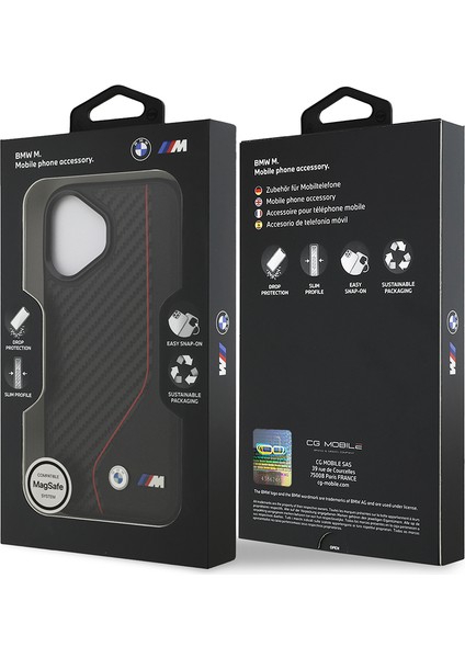 iPhone 17 Kılıf Bmw Lisanslı M-Safe Şarj Özellikli Metal Bmw ve M Logolu Pu Karbon Tasarımlı Kırmızı