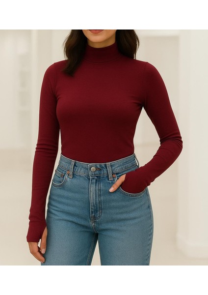 Yumuşak Dokulu Pamuk Dokuma Uzun Kol Dik Yaka Parmak Geçmeli Body Modal T-Shirt