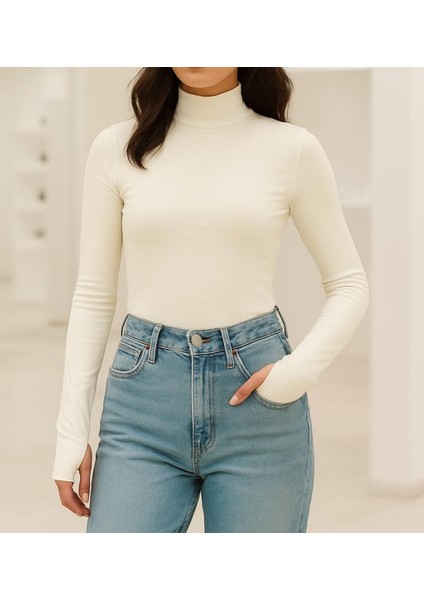 Kadın Yumuşak Dokulu %90 Pamuk %5 Elastan Uzun Kollu Dik Yaka Parmak Geçmeli Modal Body – Rahat Form T-Shirt