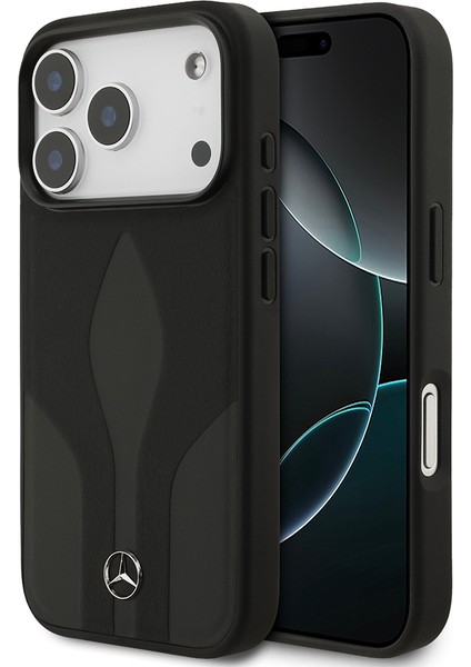 iPhone 17 Pro Uyumlu Kılıf Mercedes Benz Lisanslı M-Safe Şarjlı Dokulu Desenli Deri Kapak Siyah