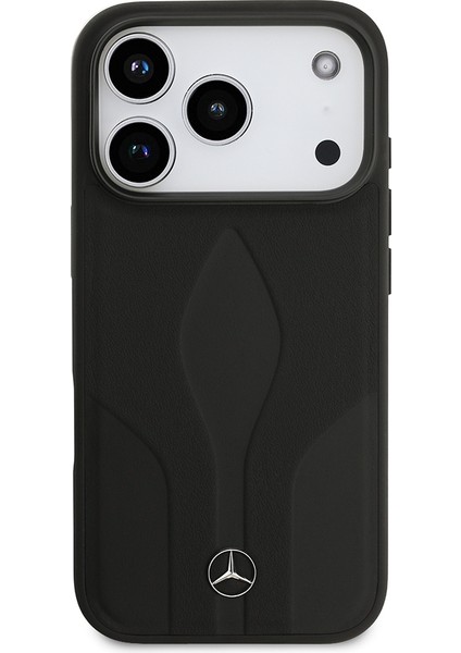 iPhone 17 Pro Uyumlu Kılıf Mercedes Benz Lisanslı M-Safe Şarjlı Dokulu Desenli Deri Kapak Siyah modelleri