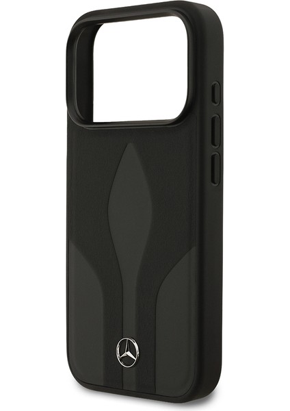 iPhone 17 Pro Uyumlu Kılıf Mercedes Benz Lisanslı M-Safe Şarjlı Dokulu Desenli Deri Kapak Siyah