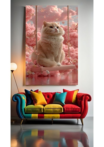 Salıncakta Oturan Kedi Ev Duvar Salon Güzellik Salonu Ofis Dükkan Dekarasyon Kanvas Tablo