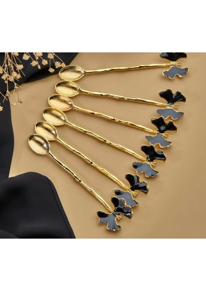 Siyah Kelebek Model Altın Detaylı 6'lı Paslanmaz Çay Kaşığı Seti