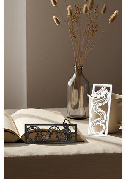 Ejderha Kitap Ayracı, Modern Tasarım, Hafif ve Şık 2’li, Siyah ve Beyazın Modern Uyumu