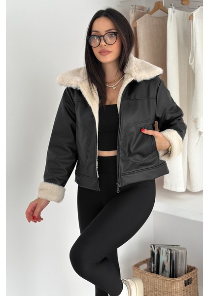 Kadın Yakalı Tamamen Deri Peluş Ceket – Astarlı & Soğuk Hava Dostu