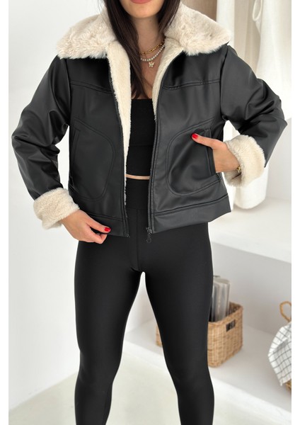 Kadın Yakalı Tamamen Deri Peluş Ceket – Astarlı & Soğuk Hava Dostu fırsatları